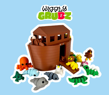 Wiggly Grubz Boat and 25 Toy Bundle – Fun Storage Game for Fidget Animal Toys with Removable Top